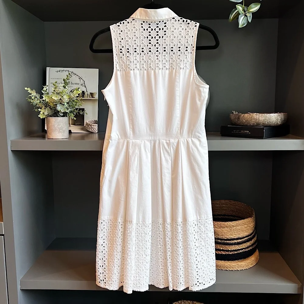 ANN TAYLOR White Eyelet Shirt Dress A-Line Cotton Lace Sleeveless Size 4 Summer - Picture 13 of 17